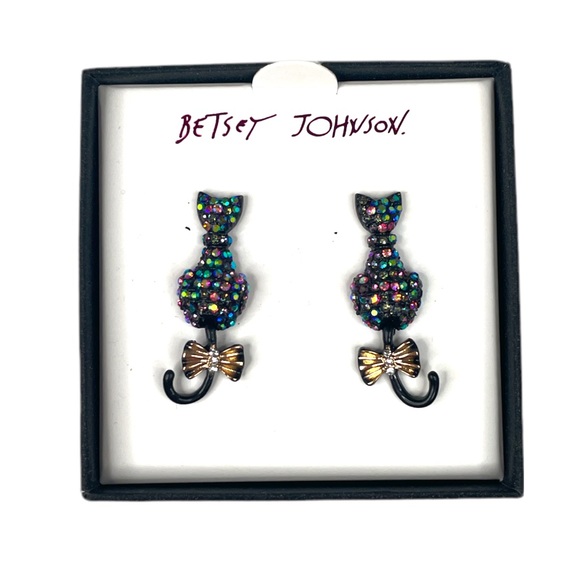 Betsey Johnson Black Cat Rhinestone Earrings Black Gold Tone - Picture 1 of 6